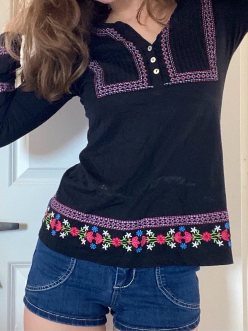 Alp N Rock Black Long-Sleeve Henley with Pink & Green Floral Embroidery